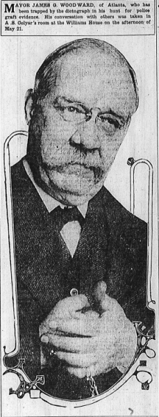 Mayor James G. Woodward, of Atlanta, who has been trapped by the dictograph in his hunt for police graft evidence. His conversation with others was taken in A. S. Colyar's room at the Williams House on the afternoon of May 21st.