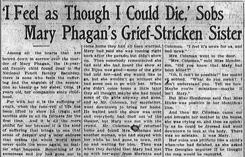 'I Feel as Though I Could Die,' Sobs Mary Phagan's