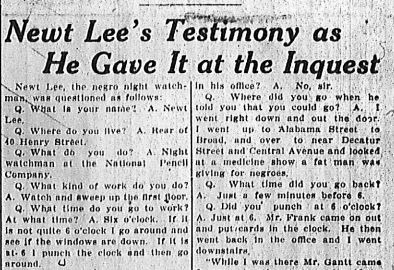 Newt Lee's Testimony as He Gave it at the Inquest