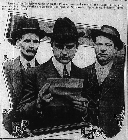 Three of the detectives working on the Phagan case, and some of the events in the gruesome slaying. The sleuths are (from left to right: J. N. Starnes, Harry Scott, Pinkerton operative, and John Black.