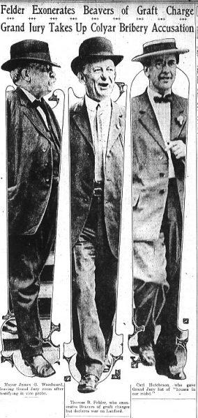 Mayor James G. Woodward (left), leaving Grand Jury room after testifying in vice probe; Thomas B. Felder (middle), who exonerates Beavers of graft charges but declares war on Lanford; Carl Hutcheson (right), who gave Grand Jury list of "houses in our midst."