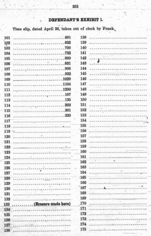 Defendant's Exhibit 1, supposedly a copy of Newt Lee's "time slip, dated April 26, taken out of clock by Frank." It shows four missed punches, though Frank showed officers Lee's time slip the day after the murder, and no punches had been missed.